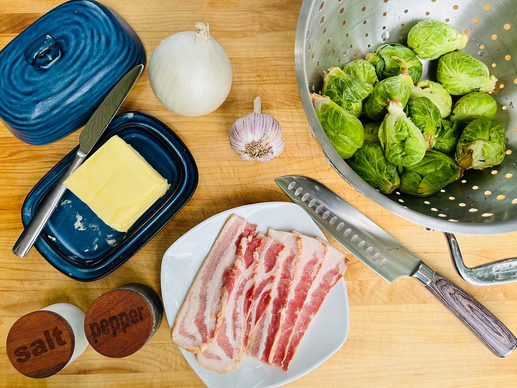 butter, bacon, brussels sprouts, garlic, onion
