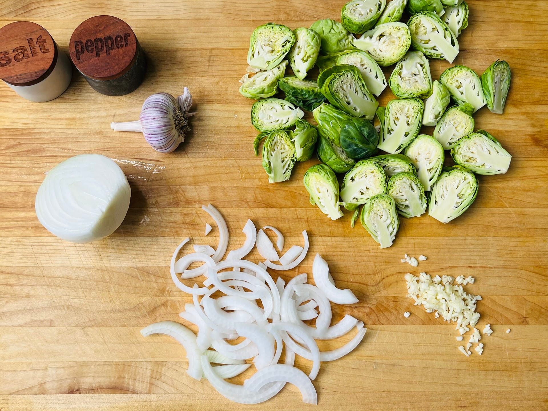 brussels sprouts, sliced onion, minced garlic